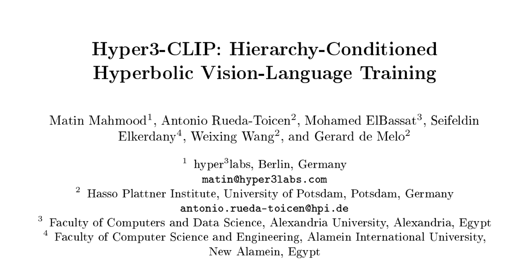 Hyper3-CLIP paper title, authors, and affiliations as typeset in the camera-ready paper