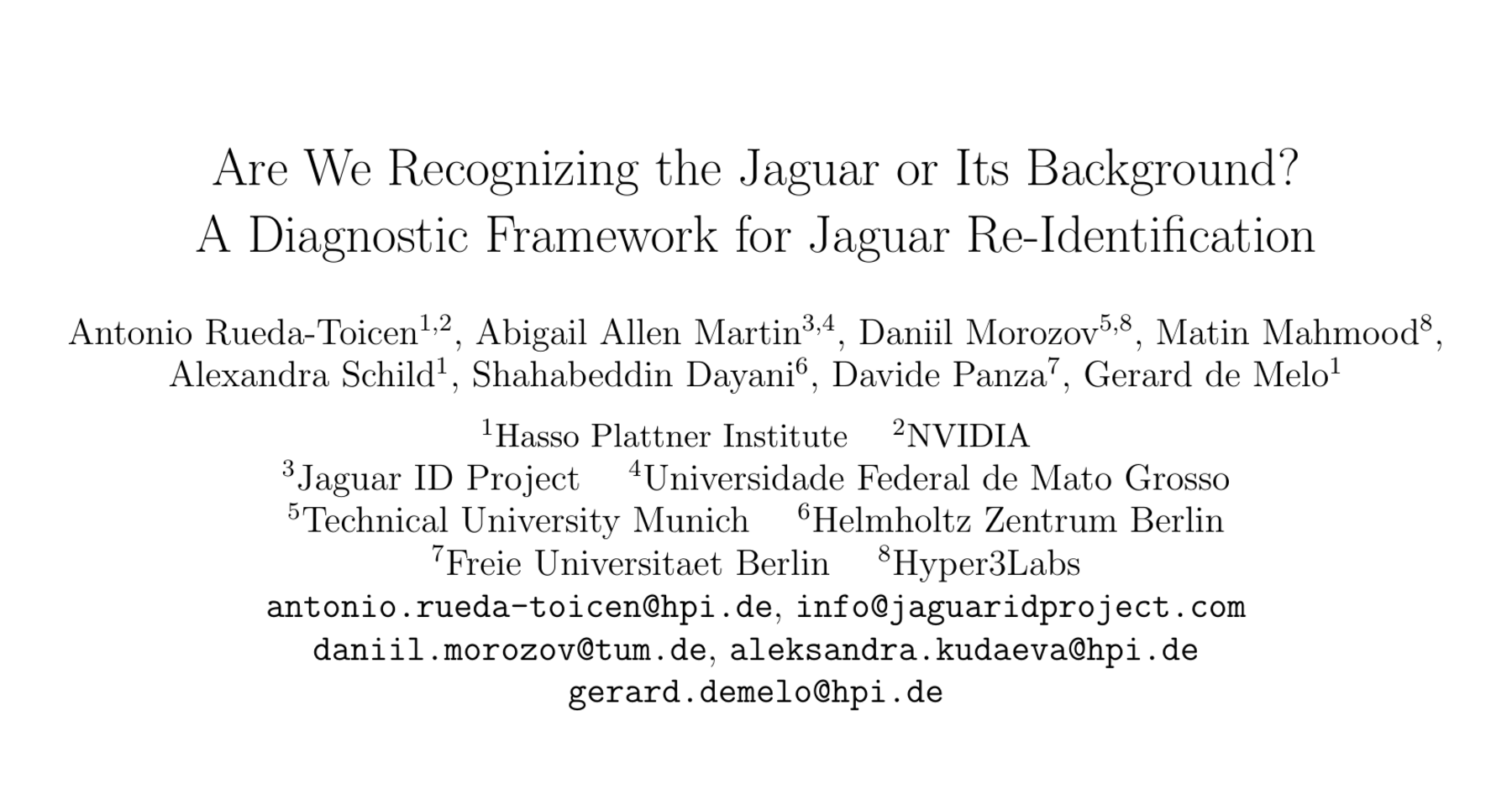 Jaguar re-identification paper title, authors, and affiliations as typeset in the arXiv paper